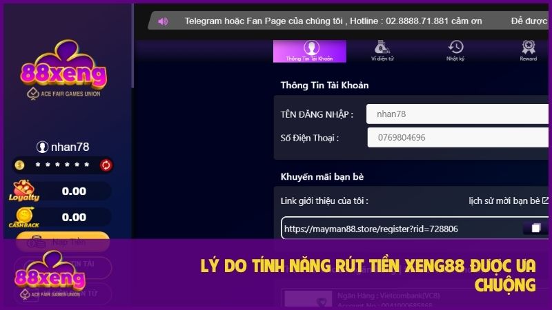Rút tiền XENG88 với nhiều tính năng vượt trội 