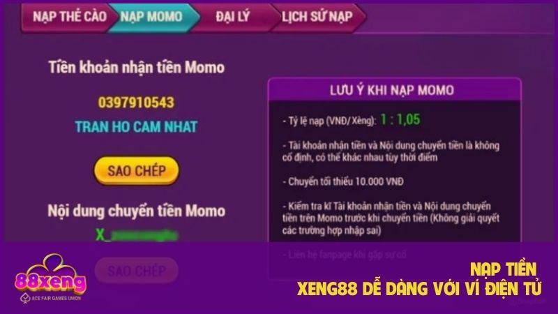 Phương thức giao dịch nạp tiền Xeng88 rất đơn giản, dễ dàng thực hiện